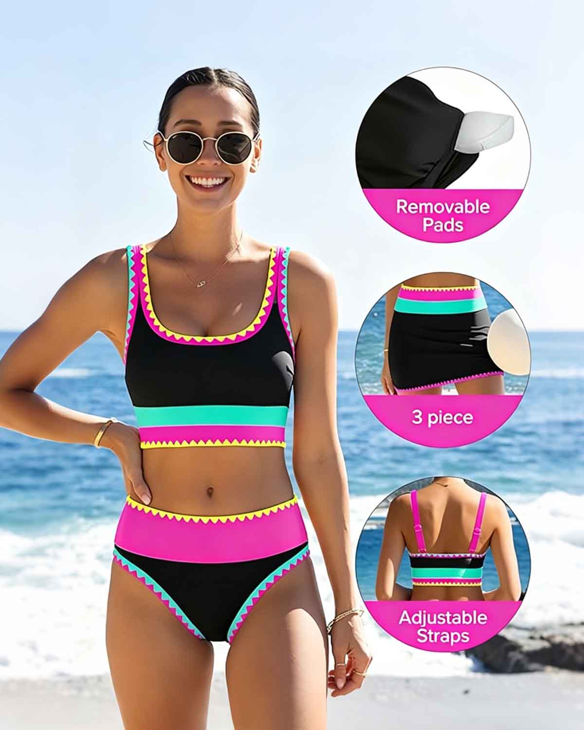 Malibu 3-Piece Colorblock Bikini Set with Skirt Avila Swim Swimwear Beachwear