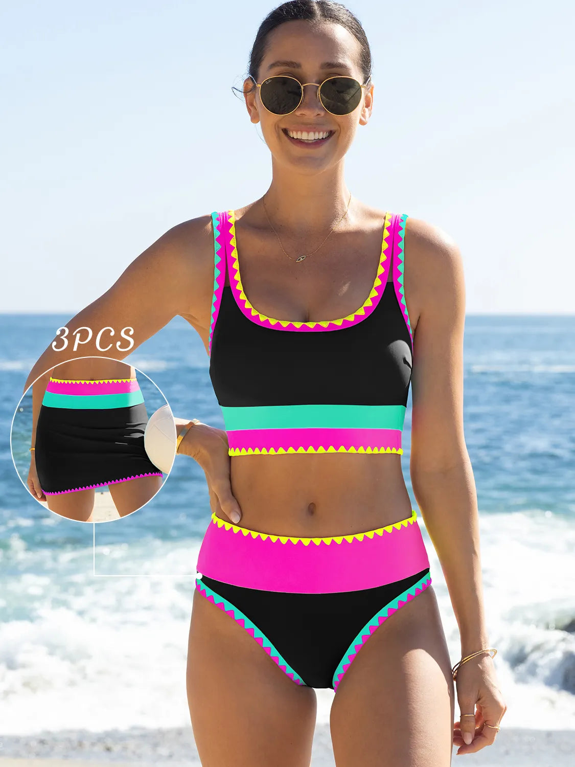 Malibu 3-Piece Colorblock Bikini Set with Skirt Avila Swim Swimwear Beachwear
