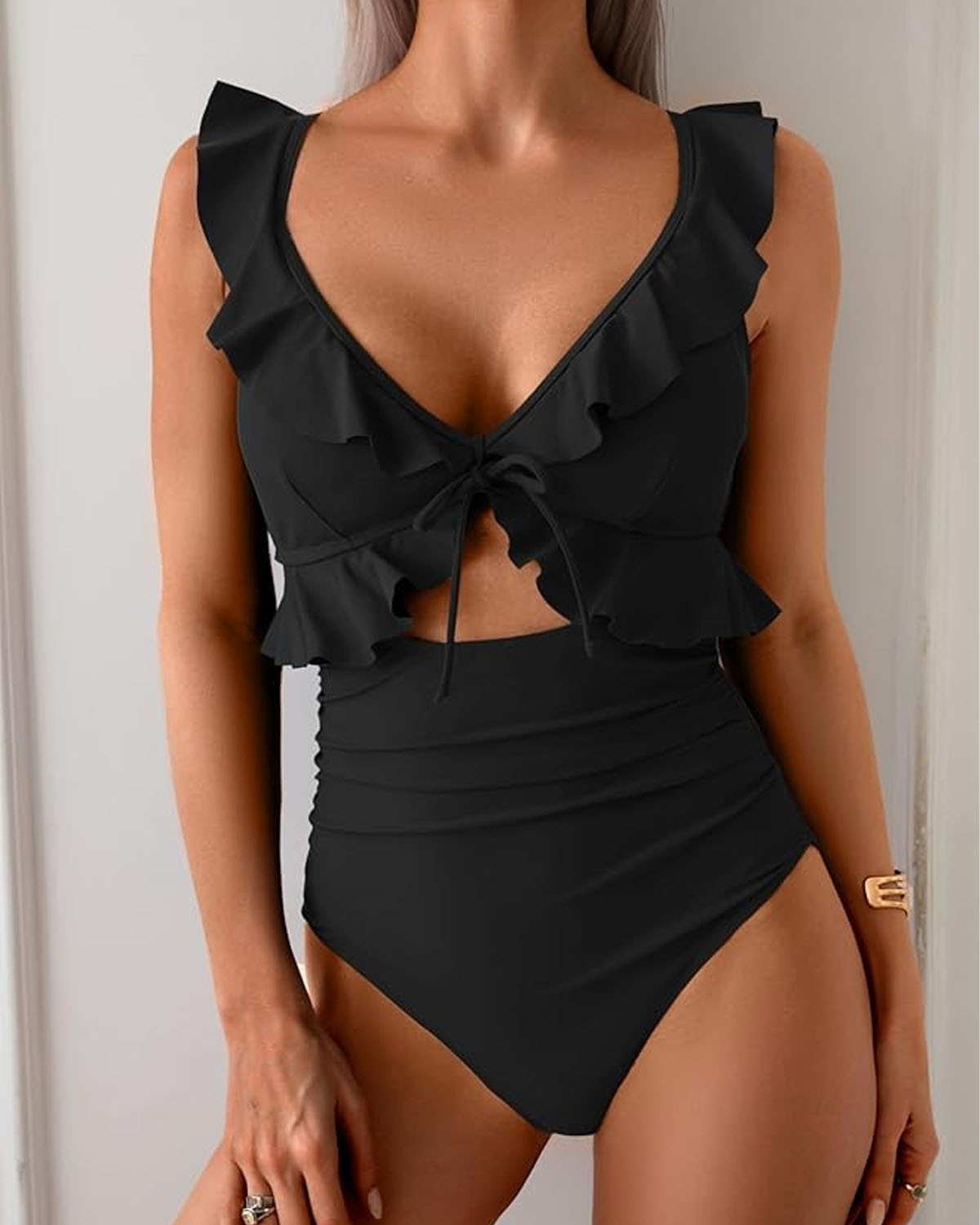 Ruffle Trim Tie Front One Piece Swimsuit Avila Swim Swimwear Beachwear