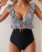 Ruffle Trim Tie Front One Piece Swimsuit