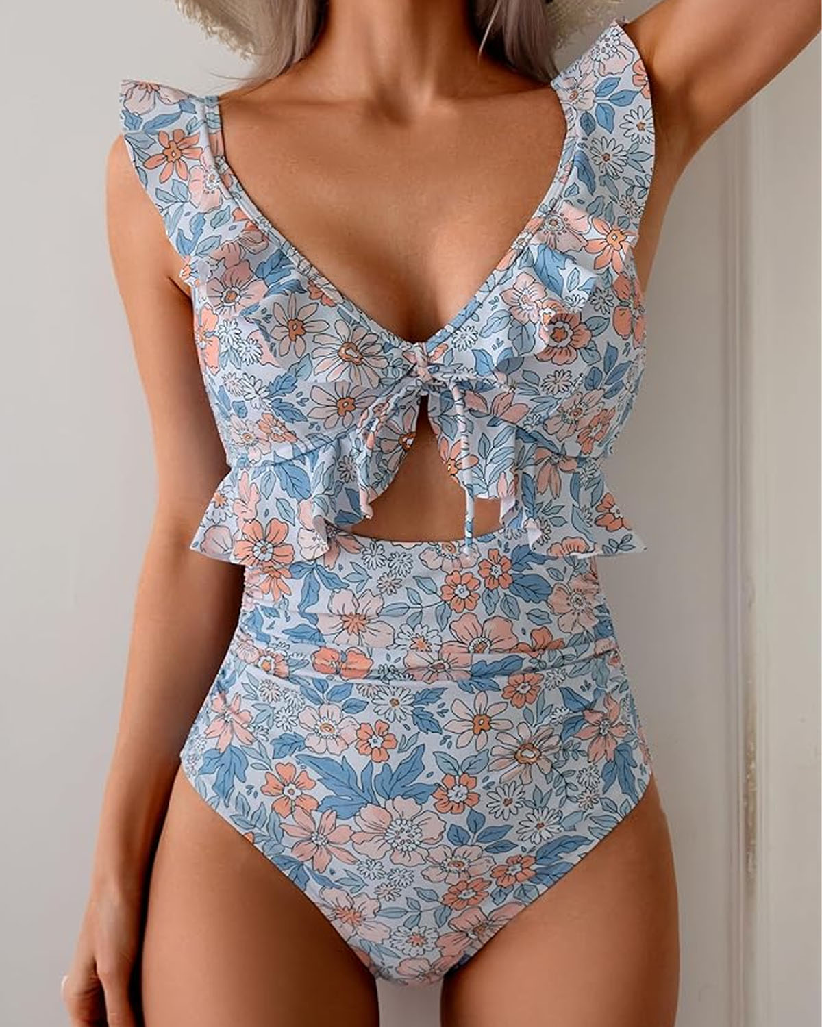 Ruffle Trim Tie Front One Piece Swimsuit