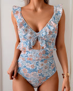 Ruffle Trim Tie Front One Piece Swimsuit